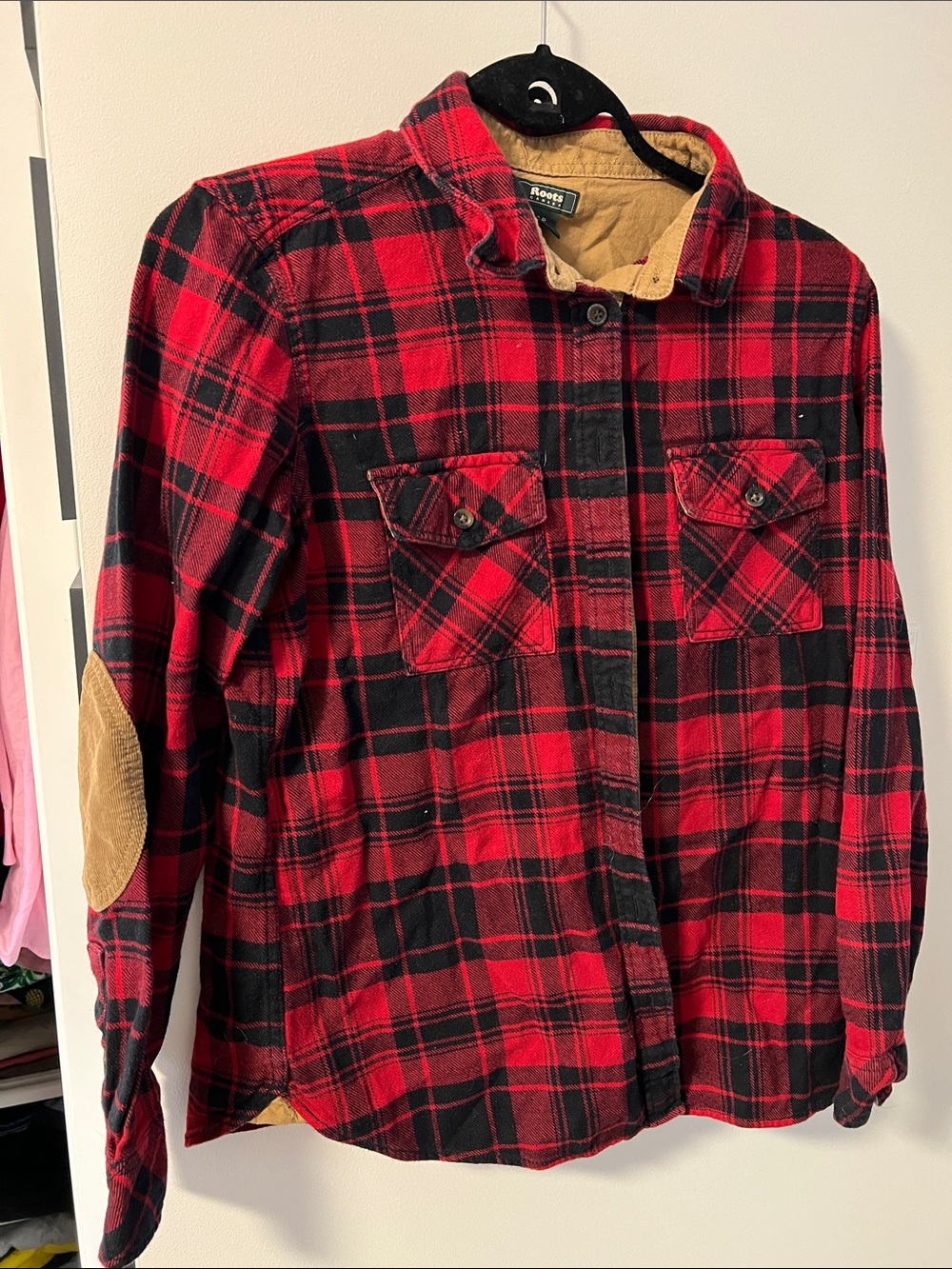 Roots Red and Black Plaid Button-Down Shirt with Corduroy Collar & Elbows